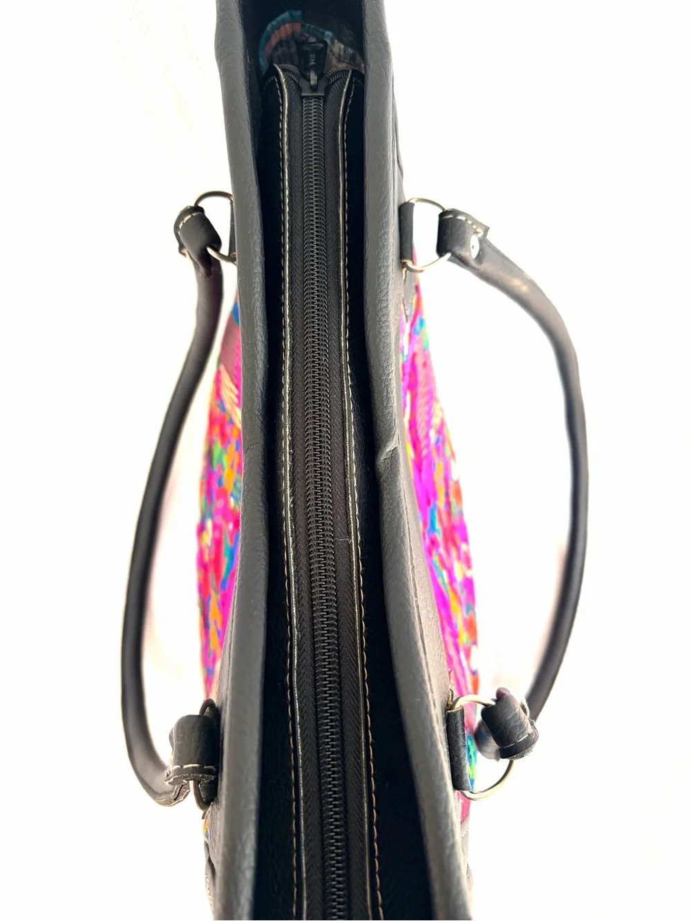 Handcrafted Gautemalan Huipil Leather Tote w Vibrant Pink, Multicolor Embroidery